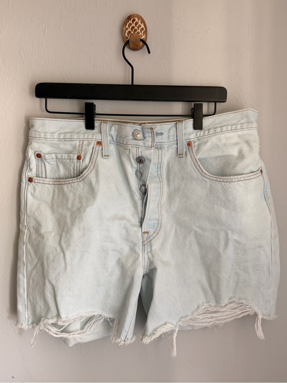 Levi's Light Blue Button-Fly Distressed Denim Shorts